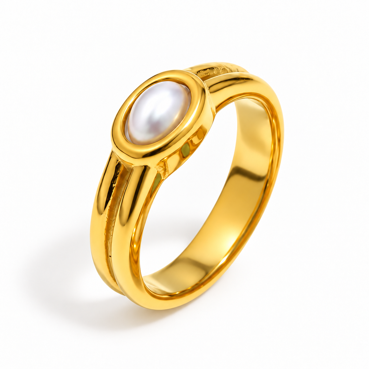 Alix Trio Stone Ring in Pearl on white — TAIA Jewellery