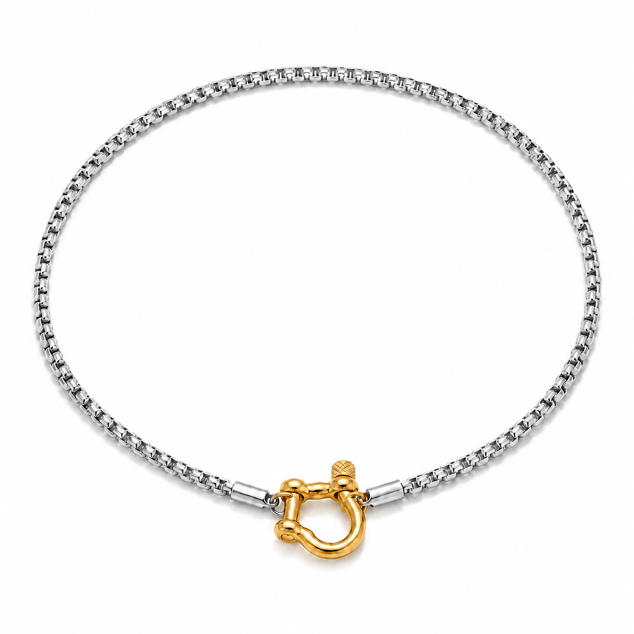 Cassia Shackle Chain Necklace with silver chain and gold shackle on a pure white background