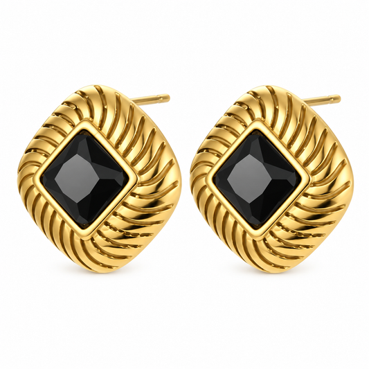 Gemma Earrings – black gemstone pair, diagonal angle, white studio background