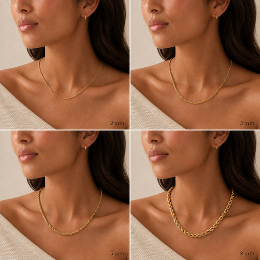 TAIA model comparison of Maelle Rope Necklace in 2 mm, 3 mm, 5 mm and 8 mm