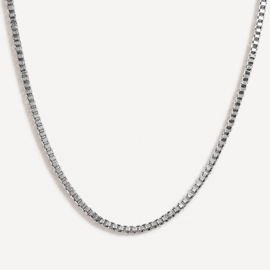 TAIA Renna Box Chain Necklace silver on a light background