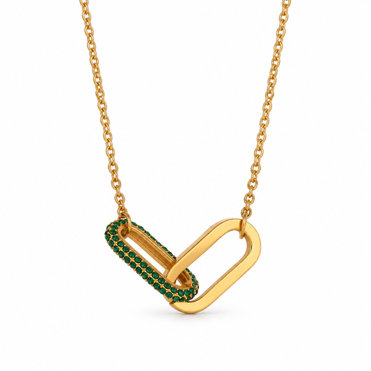 Camille Paperclip Pendant Necklace — Green stones in gold