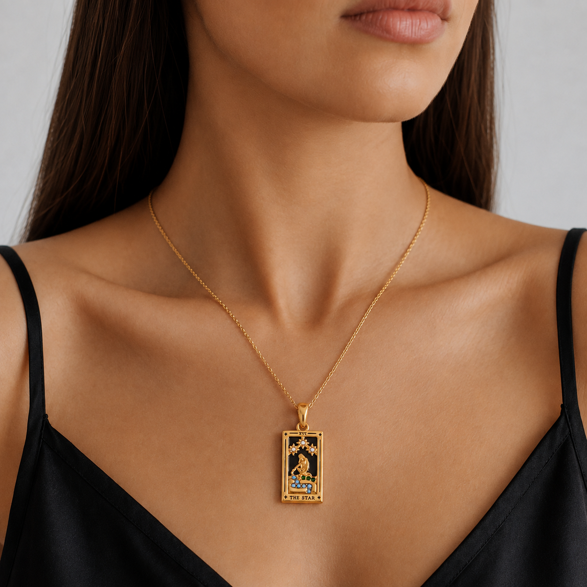 Arcana Tarot Necklace worn by a model in a close-up