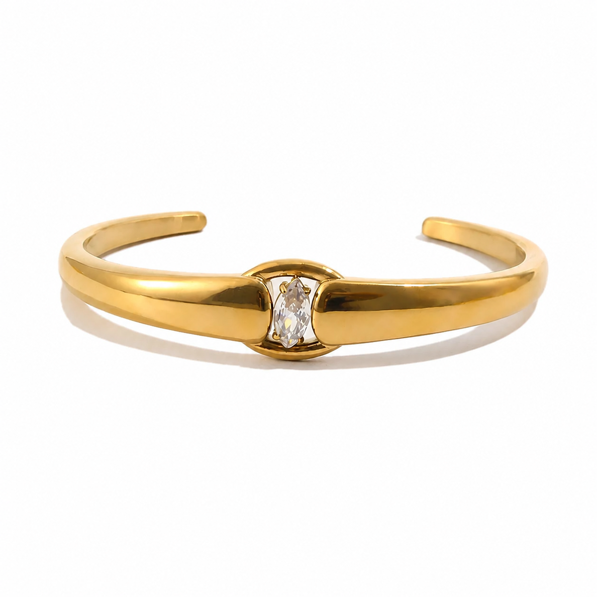 Arden Zircon Cuff Bracelet – gold open cuff with central clear stone