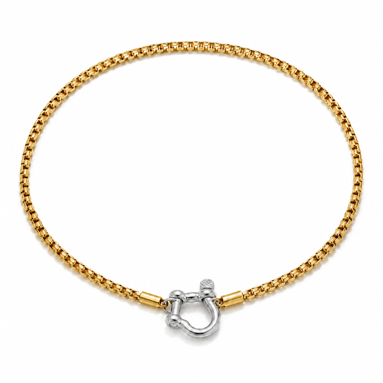 Cassia Shackle Chain Necklace with gold chain and silver shackle on a pure white background