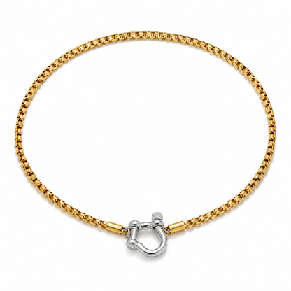 Cassia Shackle Chain Necklace with gold chain and silver shackle on a pure white background