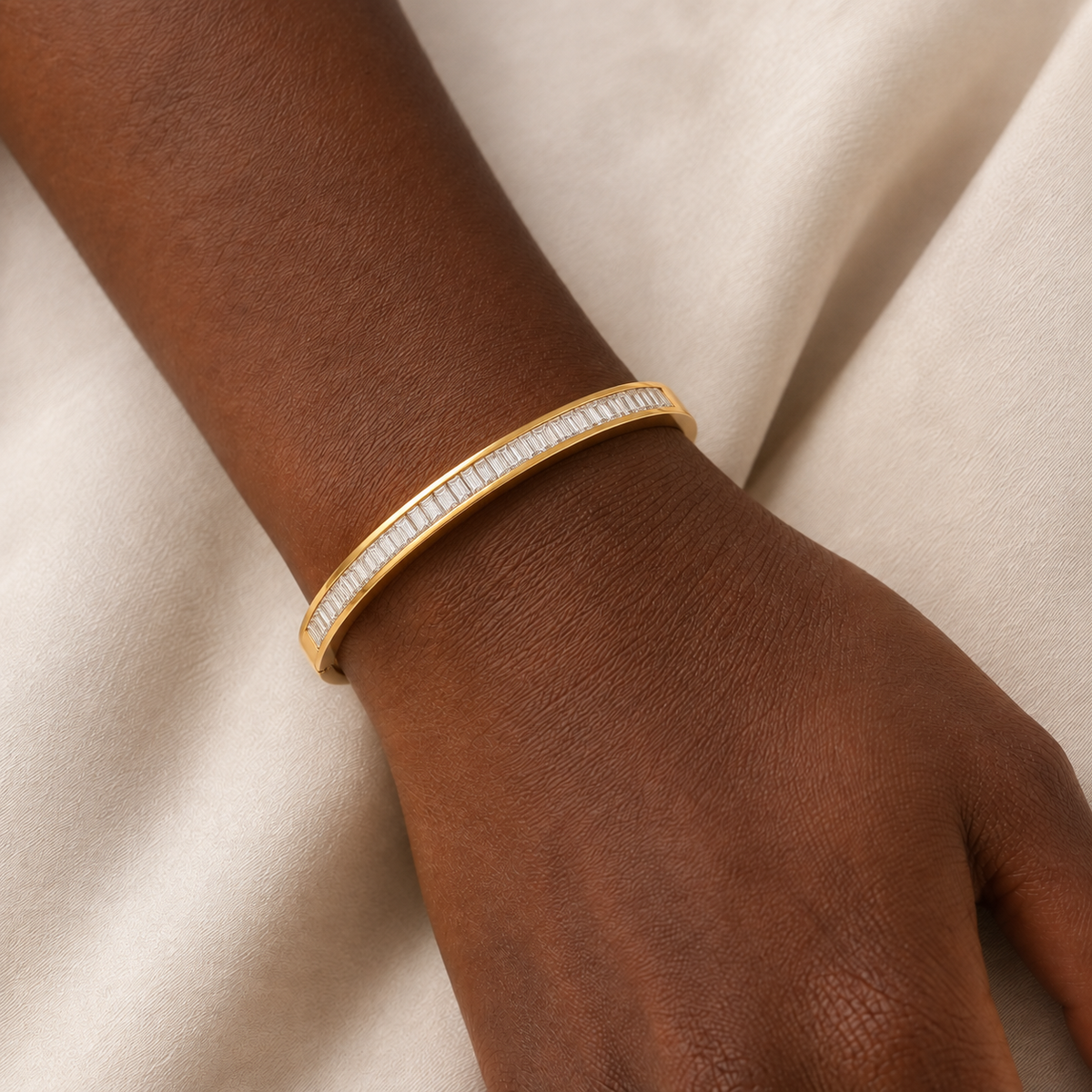Celeste Baguette Bangle worn by a model in a close-up