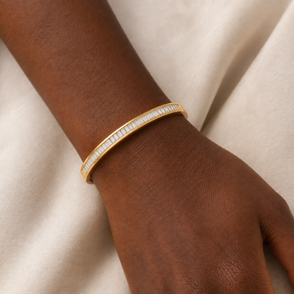 Celeste Baguette Bangle worn by a model in a close-up