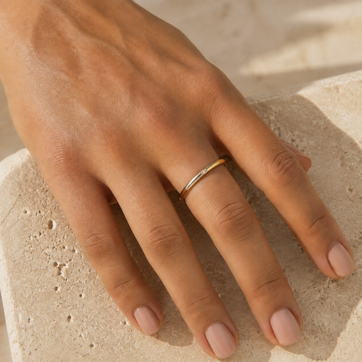 Eloise Zircon Stack Ring – slim gold ring worn on hand