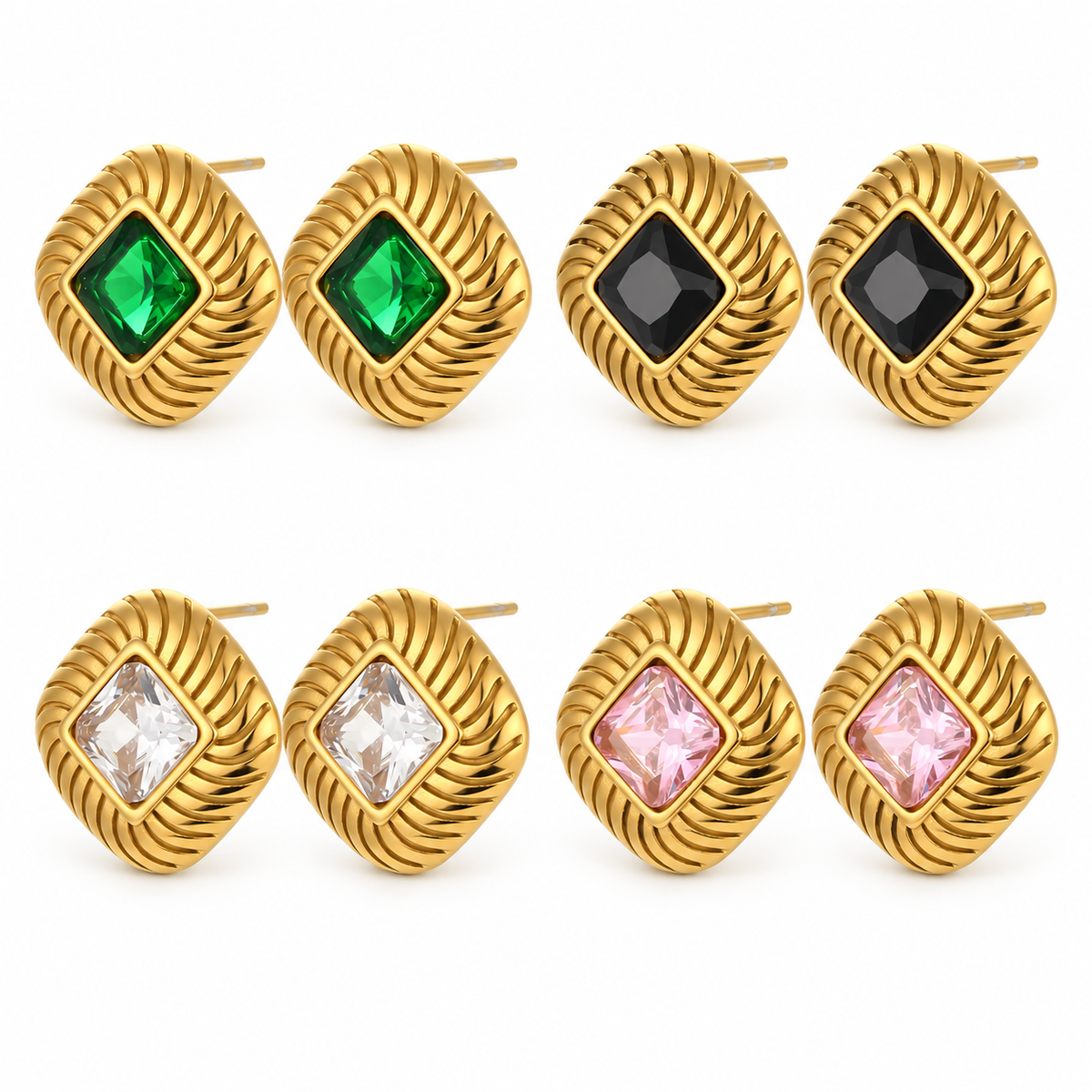 Gemma Earrings – green, black, white and pink pairs, diagonal angle, white studio background