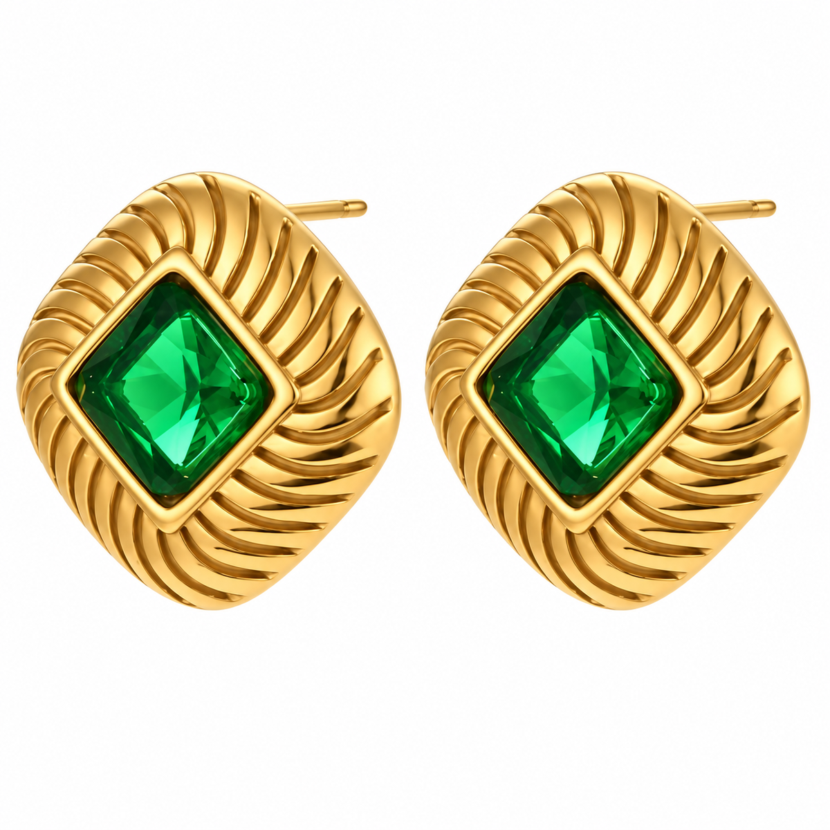 Gemma Earrings – green gemstone pair, diagonal angle, white studio background
