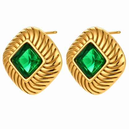 Gemma Earrings – green gemstone pair, diagonal angle, white studio background