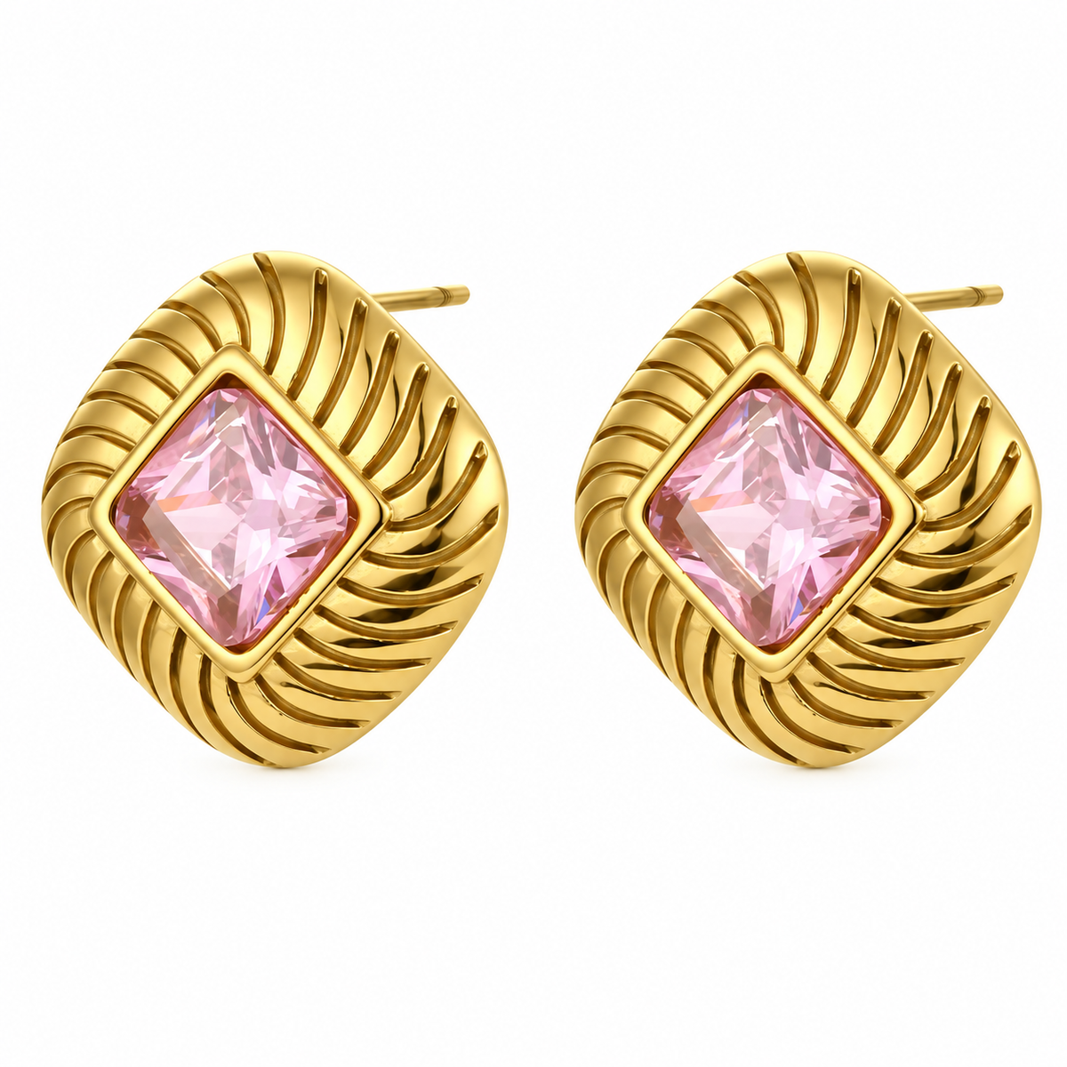 Gemma Earrings – pink gemstone pair, diagonal angle, white studio background