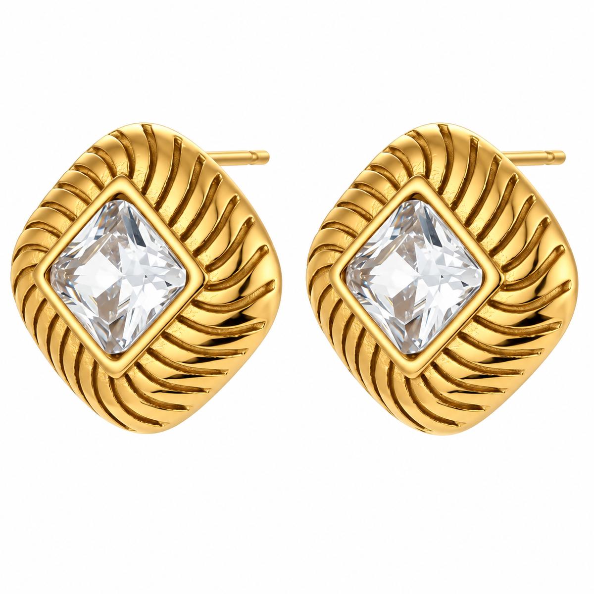 Gemma Earrings – white gemstone pair, diagonal angle, white studio background