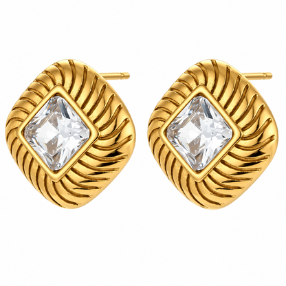 Gemma Earrings – white gemstone pair, diagonal angle, white studio background