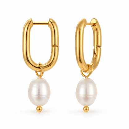 Isa Pearl Drop Hoop Earrings front view on white — TAIA Jewellery