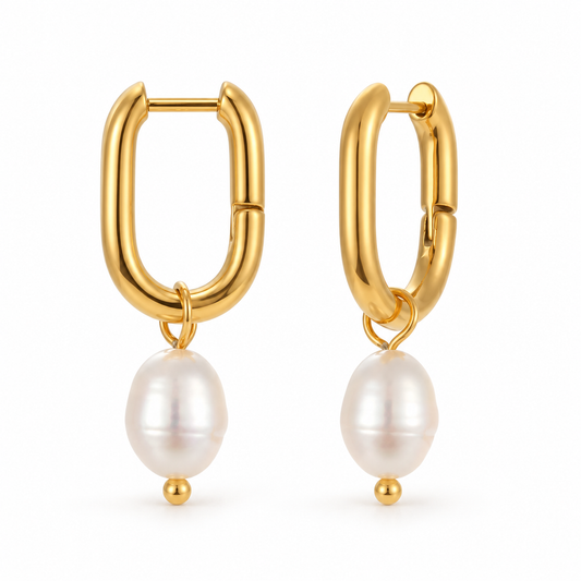 Isa Pearl Drop Hoop Earrings front view on white — TAIA Jewellery