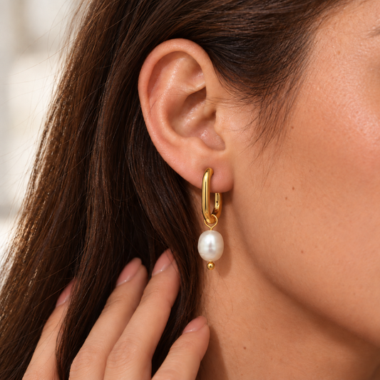 Isa Pearl Drop Hoop Earrings worn by a TAIA model — TAIA Jewellery