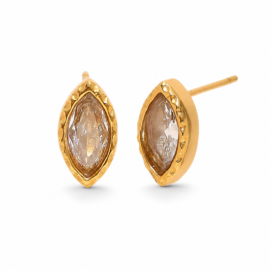 Sunlit Studs Earrings – gold marquise studs with clear stones on white