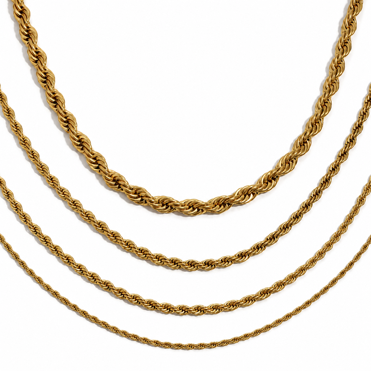 Maelle Rope Necklace – gold twisted rope chains in four thicknesses on white