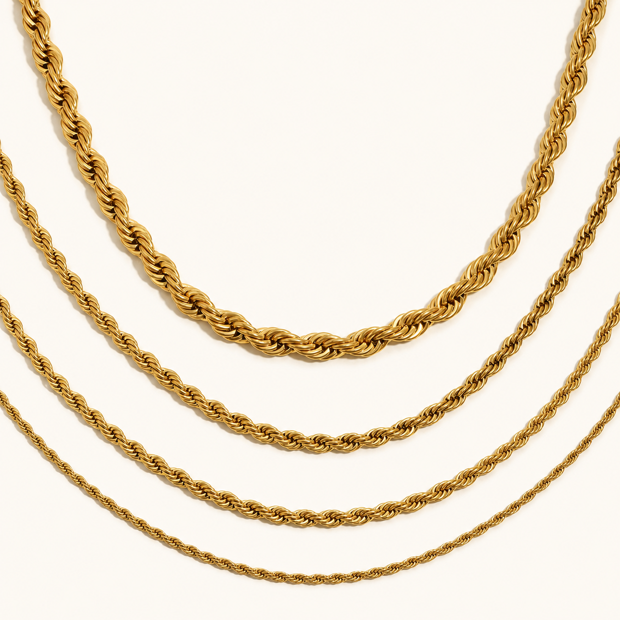 Maelle Rope Necklace in 2 mm, 3 mm, 5 mm and 8 mm thicknesses on a light ivory background