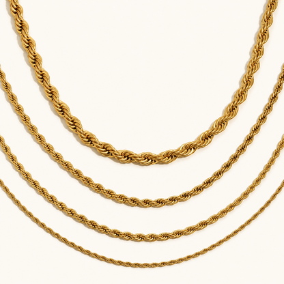 Maelle Rope Necklace in 2 mm, 3 mm, 5 mm and 8 mm thicknesses on a light ivory background