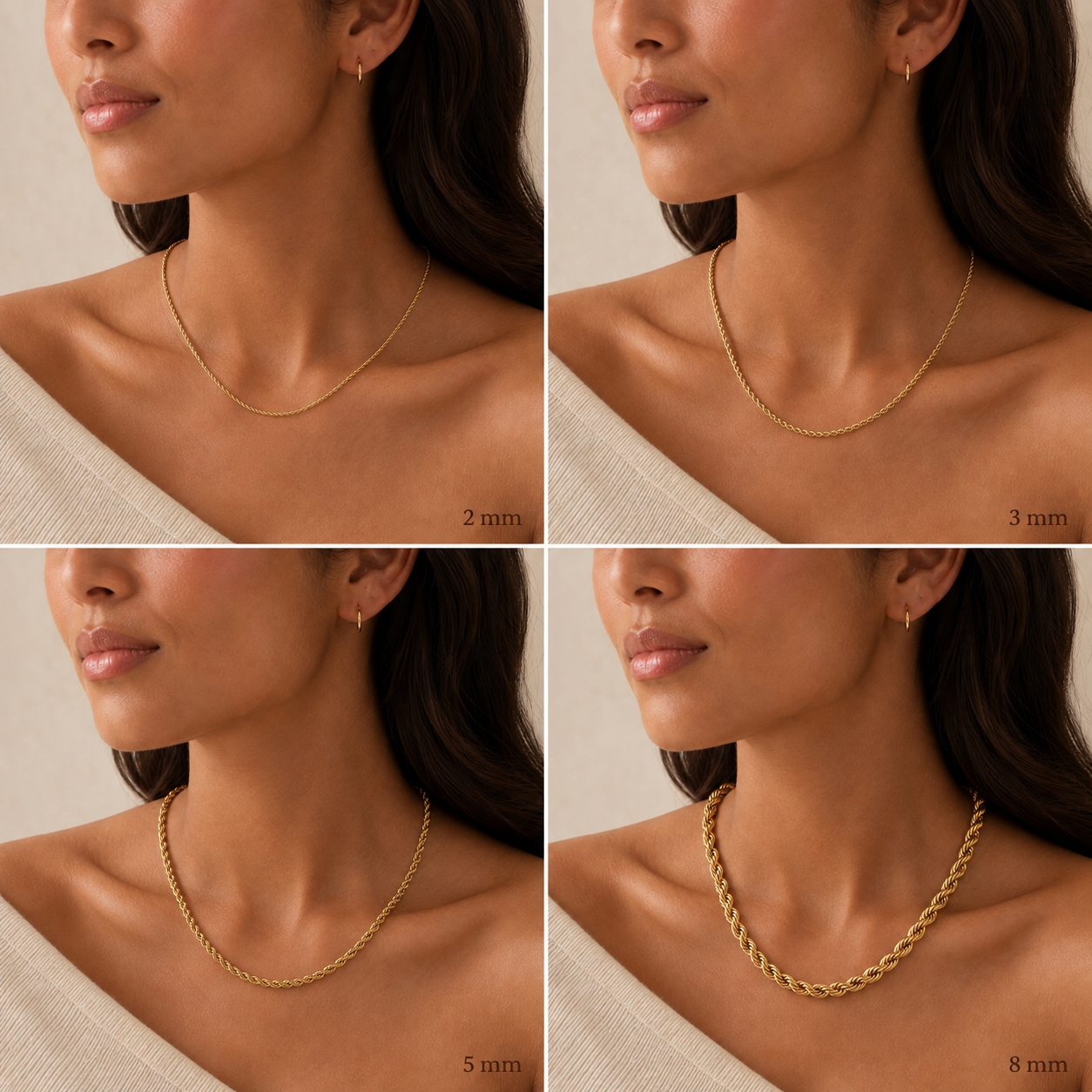 TAIA model comparison of Maelle Rope Necklace in 2 mm, 3 mm, 5 mm and 8 mm