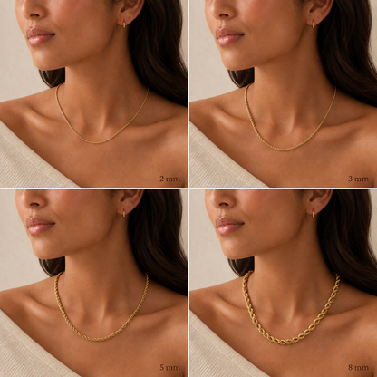 TAIA model comparison of Maelle Rope Necklace in 2 mm, 3 mm, 5 mm and 8 mm