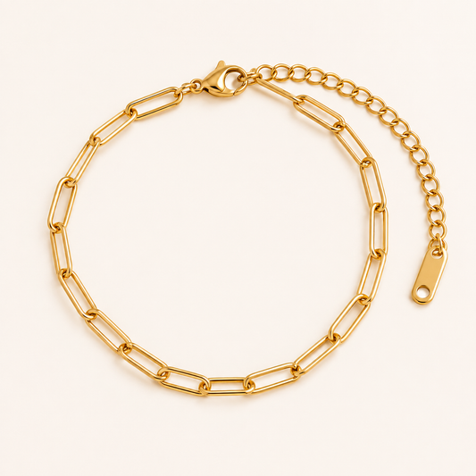 Maris Paperclip Bracelet — 18K gold PVD paperclip chain on a light ivory background