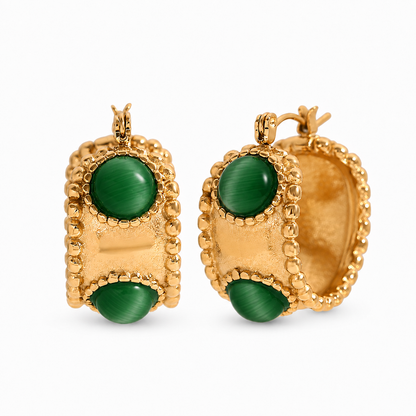 Oriane Hoop Earrings – wide gold hoops with green stones and beaded edges on white