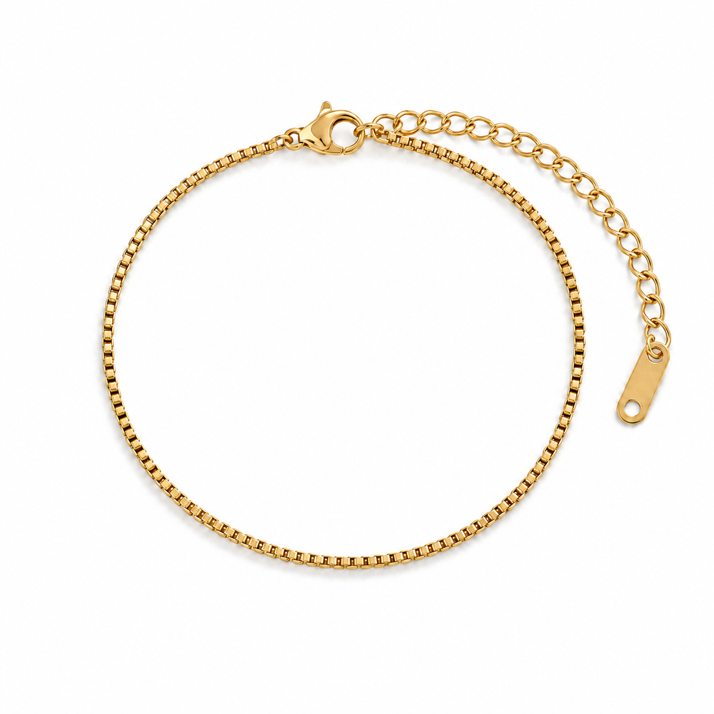 Renna Box Chain Bracelet – fine gold box chain with a clasp and extender on white