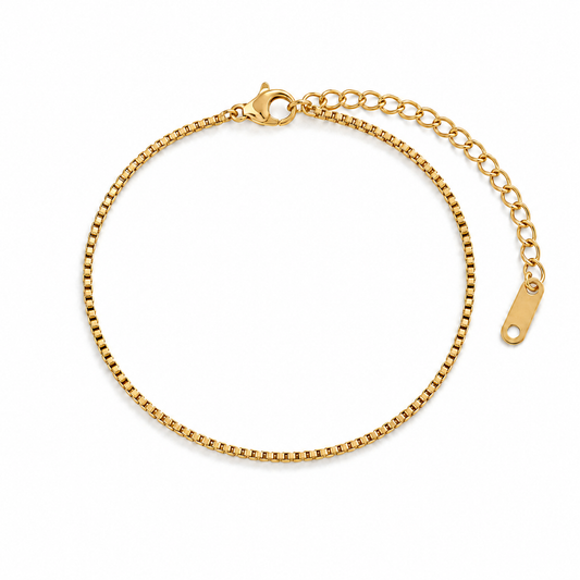 Renna Box Chain Bracelet – fine gold box chain with a clasp and extender on white