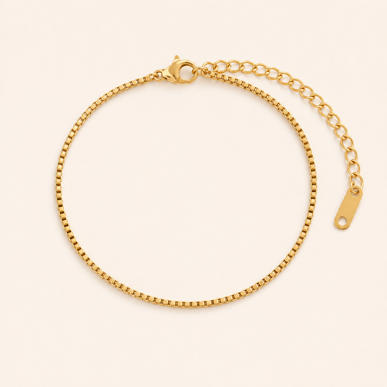 Renna Box Chain Bracelet — 18K gold PVD box chain on a light ivory background
