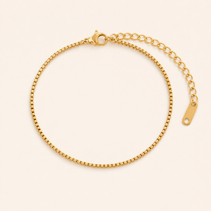 Renna Box Chain Bracelet — 18K gold PVD box chain on a light ivory background