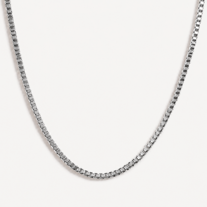 TAIA Renna Box Chain Necklace silver on a light background