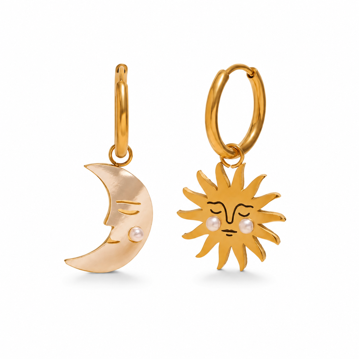 Selene Pearl Earrings – gold moon and sun charm hoops with pearl details on white