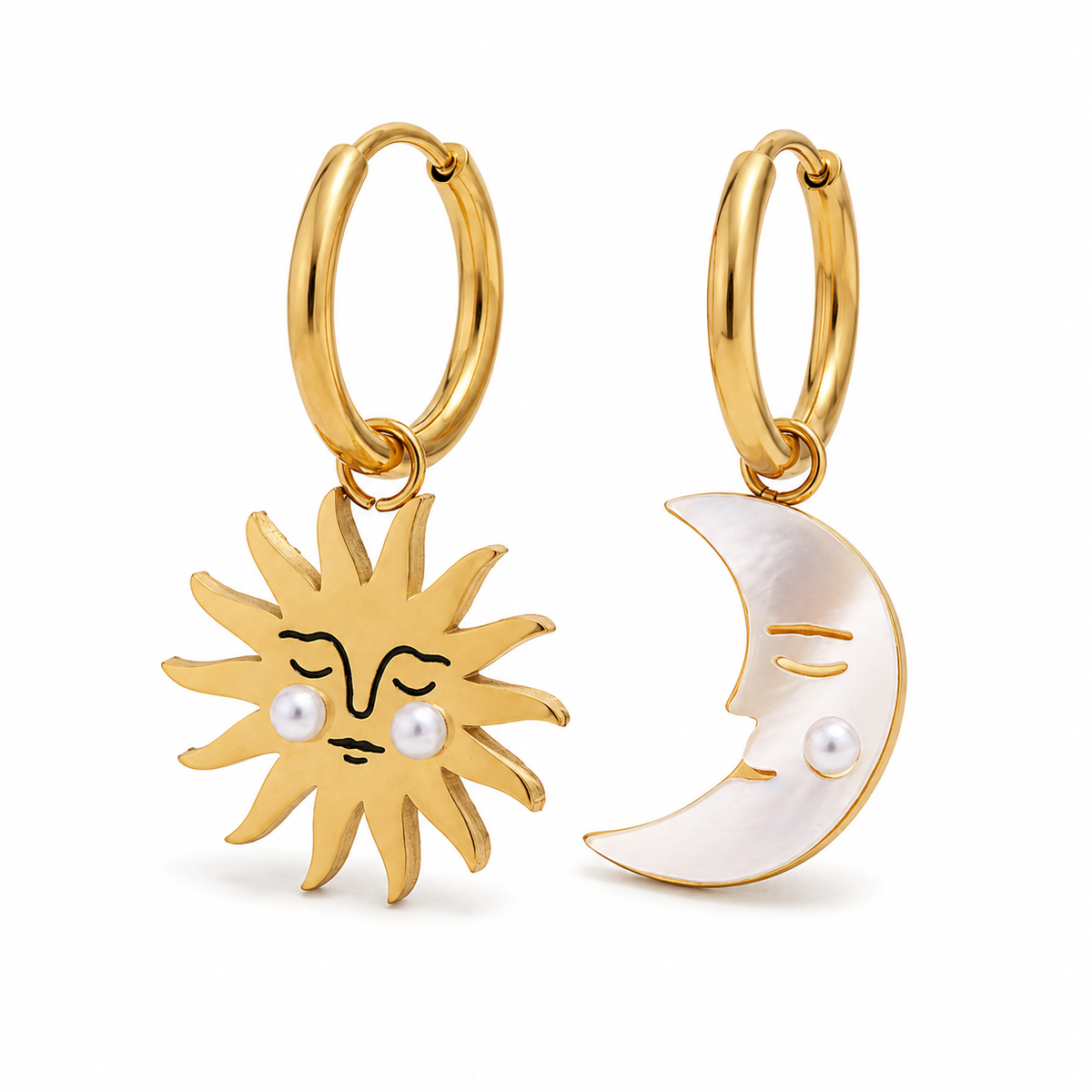 Selene Pearl Earrings – gold hoops with mismatched sun and pearly crescent moon charms