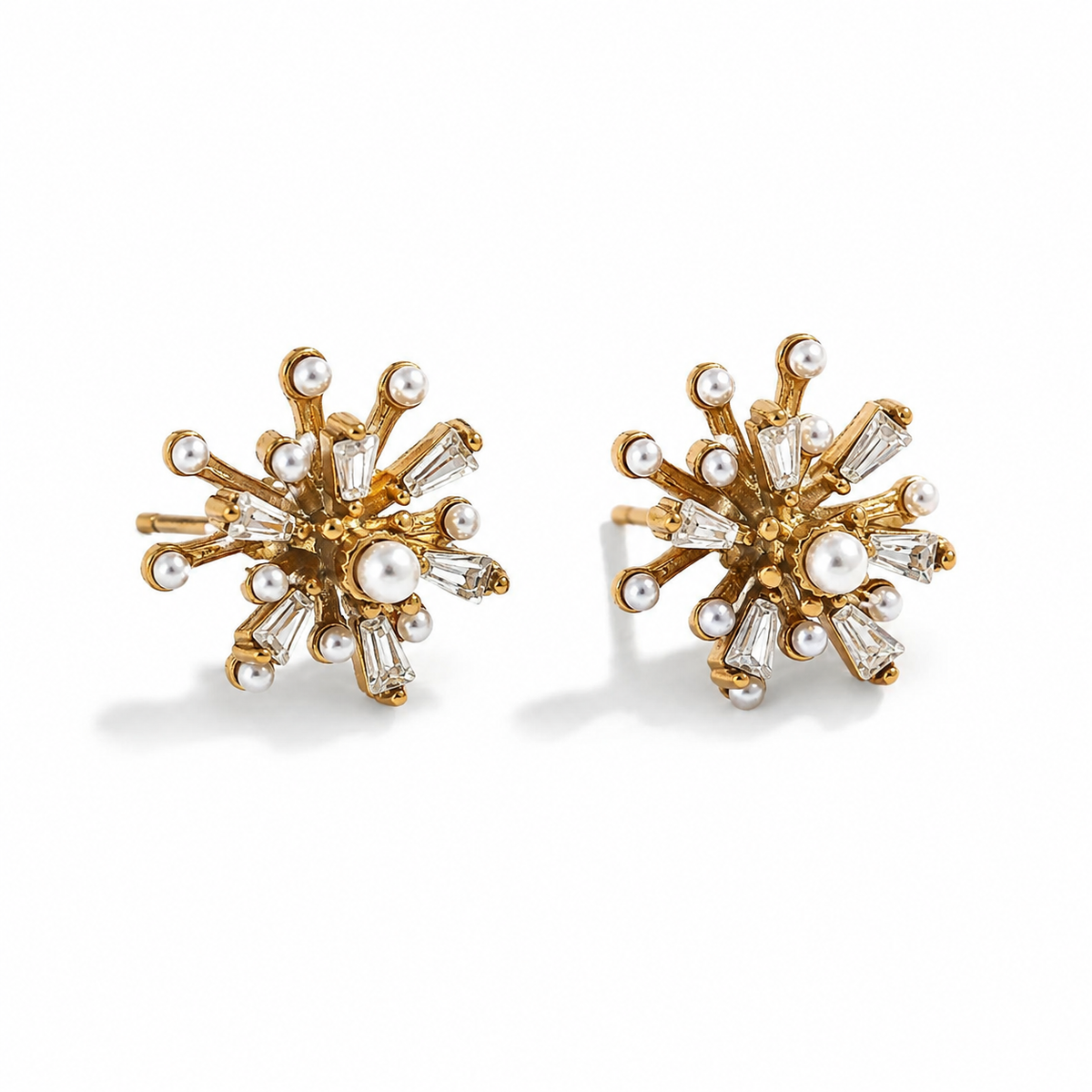 Solara Pearl Earrings – gold floral studs with white pearls and tapered clear stones on white