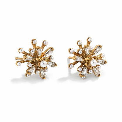Solara Pearl Earrings – gold floral studs with white pearls and tapered clear stones on white