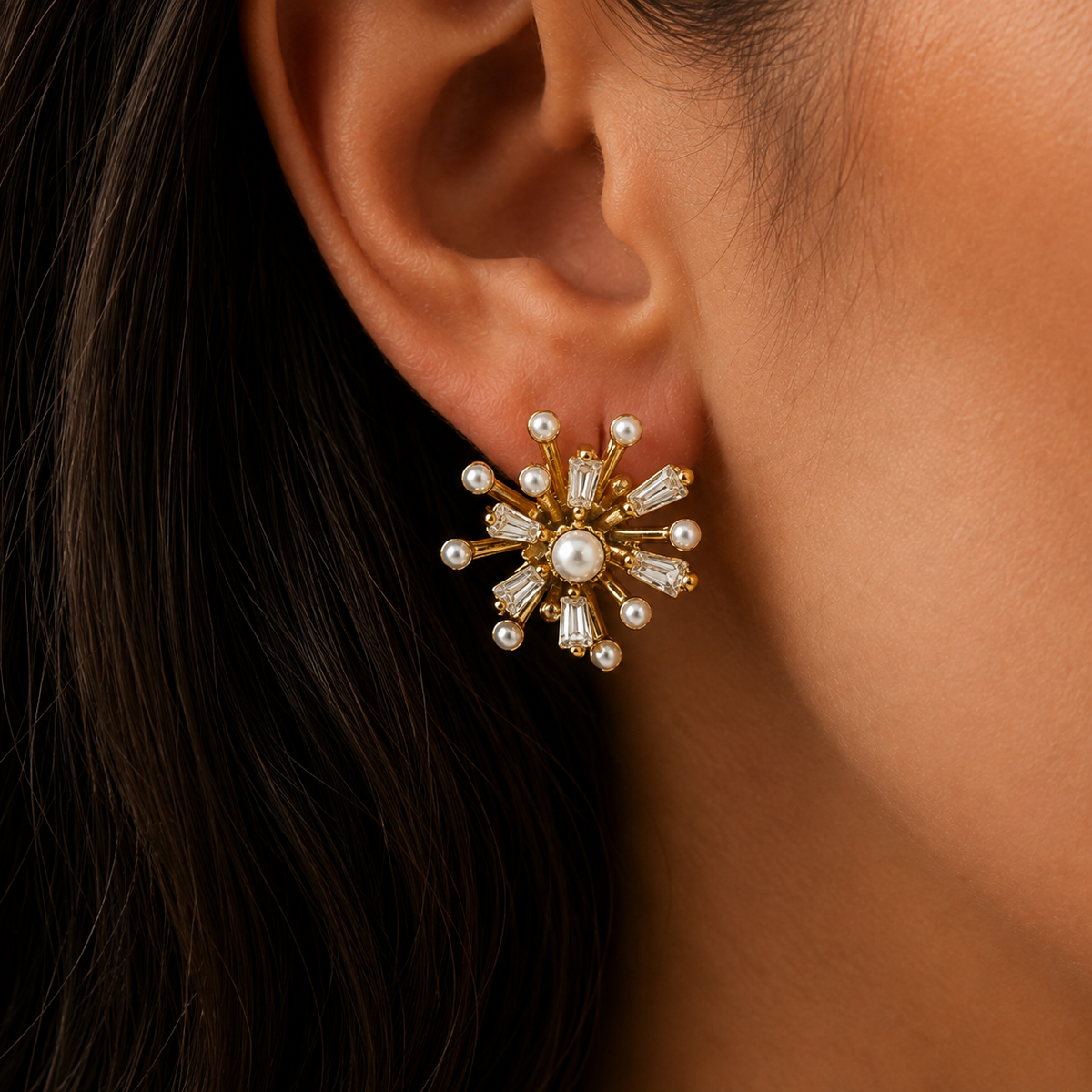 Solara Pearl Earrings – gold floral stud with pearls and clear stones worn on an ear