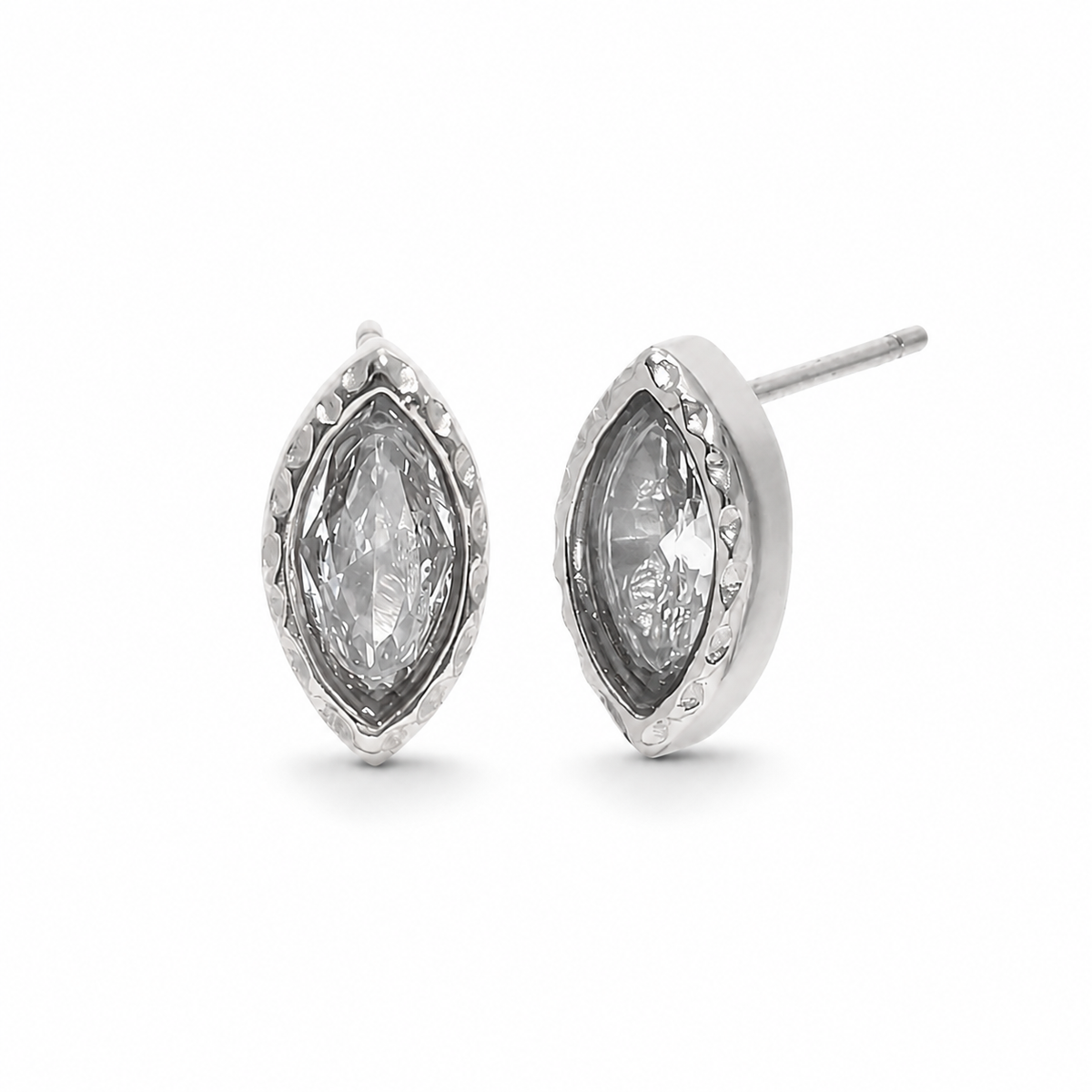 Sunlit Studs Earrings – silver marquise studs with clear stones on white