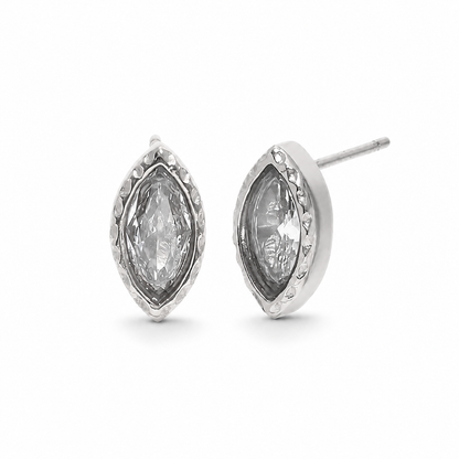 Sunlit Studs Earrings – silver marquise studs with clear stones on white