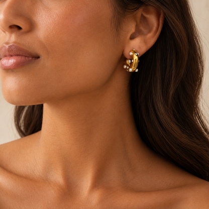 Anna Pearl Scatter Hoops in gold styled on a TAIA model
