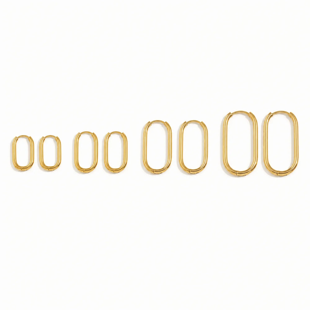Arc Hoop Earrings – gold rectangular hoops in four sizes