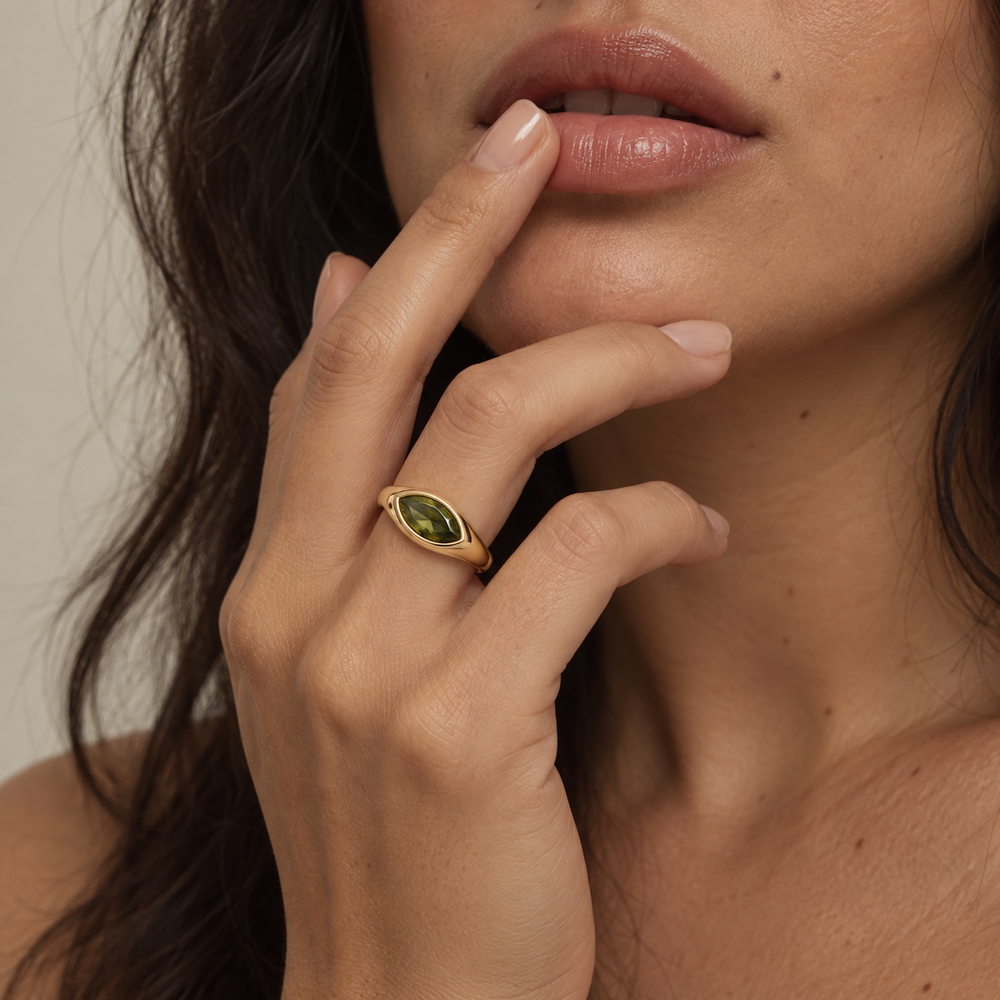 Aurélia Marquise Zircon Ring worn by a model in natural light — TAIA Jewellery