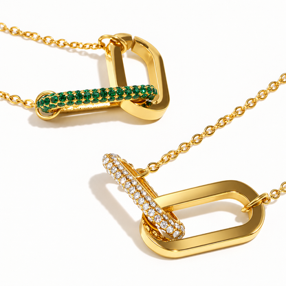 Camille Paperclip Pendant Necklace detail in Clear and Green