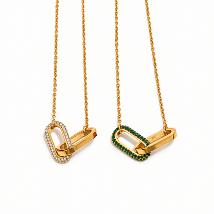 Camille Paperclip Pendant Necklace in Clear and Green on a white background