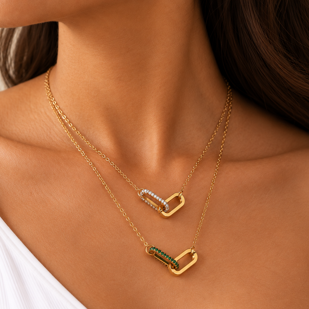 Camille Paperclip Pendant Necklace in Clear and Green styled on a TAIA model