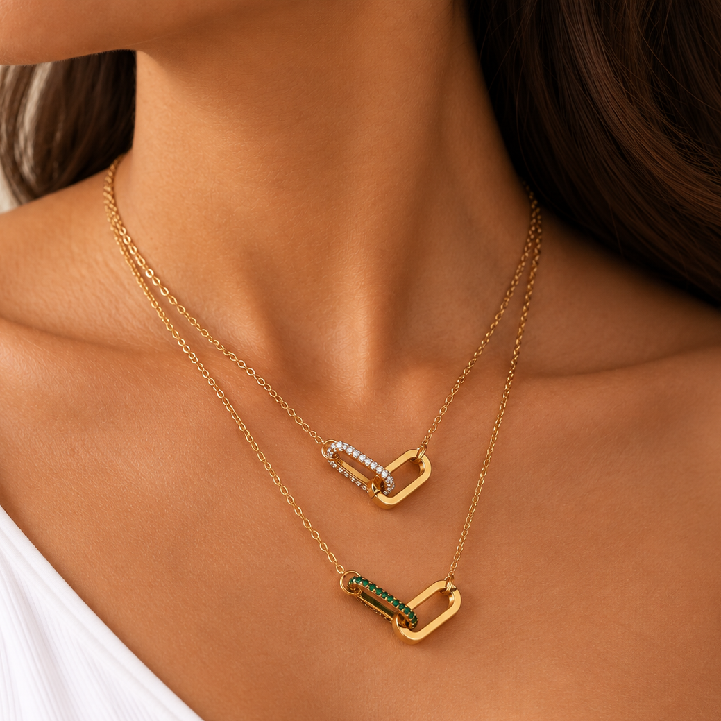 Camille Paperclip Pendant Necklace in Clear and Green styled on a TAIA model