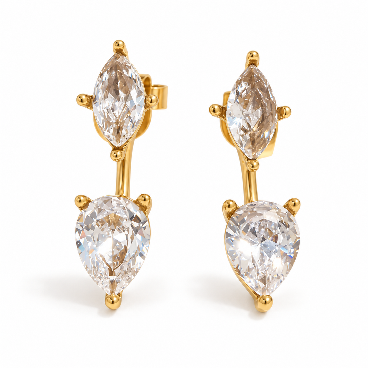 Celestine Twin Zircon Earrings in gold on a pure white background — TAIA Jewellery